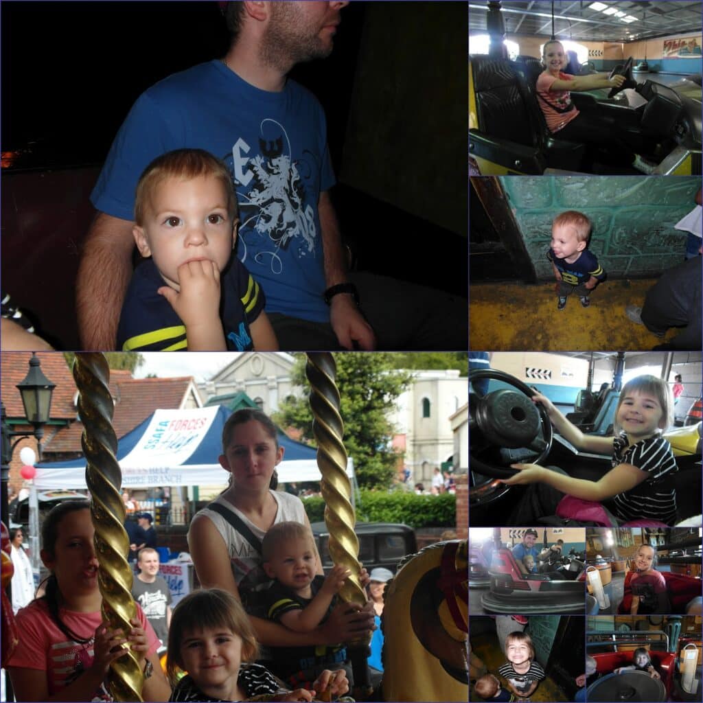 A collage of family moments at a theme park: a man and toddler on a ride, a child driving a dodgem car, a toddler standing by a green wall, a woman with two children on a carousel, and several small snapshots of children smiling and riding attractions.