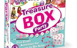 A colourful Craft Party kit box labelled "Treasure BOX Party." The box features images of decorated treasure boxes, craft materials, and smiling children. Text highlights fun craft activities for up to six children, ages 5-8. Balloons and party graphics decorate the packaging.