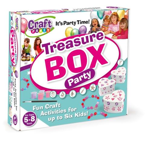 A colourful Craft Party kit box labelled "Treasure BOX Party." The box features images of decorated treasure boxes, craft materials, and smiling children. Text highlights fun craft activities for up to six children, ages 5-8. Balloons and party graphics decorate the packaging.