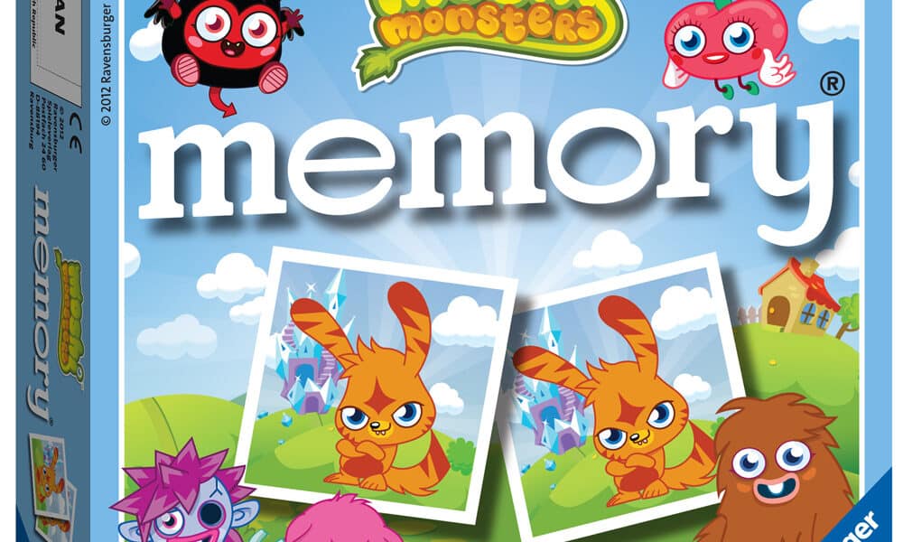 The image shows a colourful box for the "Moshi Monsters Memory" game by Ravensburger. The cover features cartoon monster characters on a grassy field with castles, cards with matching bunnies, and the Moshi Monsters logo at the top.