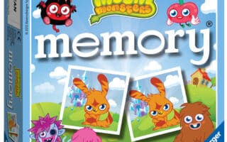 The image shows a colourful box for the "Moshi Monsters Memory" game by Ravensburger. The cover features cartoon monster characters on a grassy field with castles, cards with matching bunnies, and the Moshi Monsters logo at the top.
