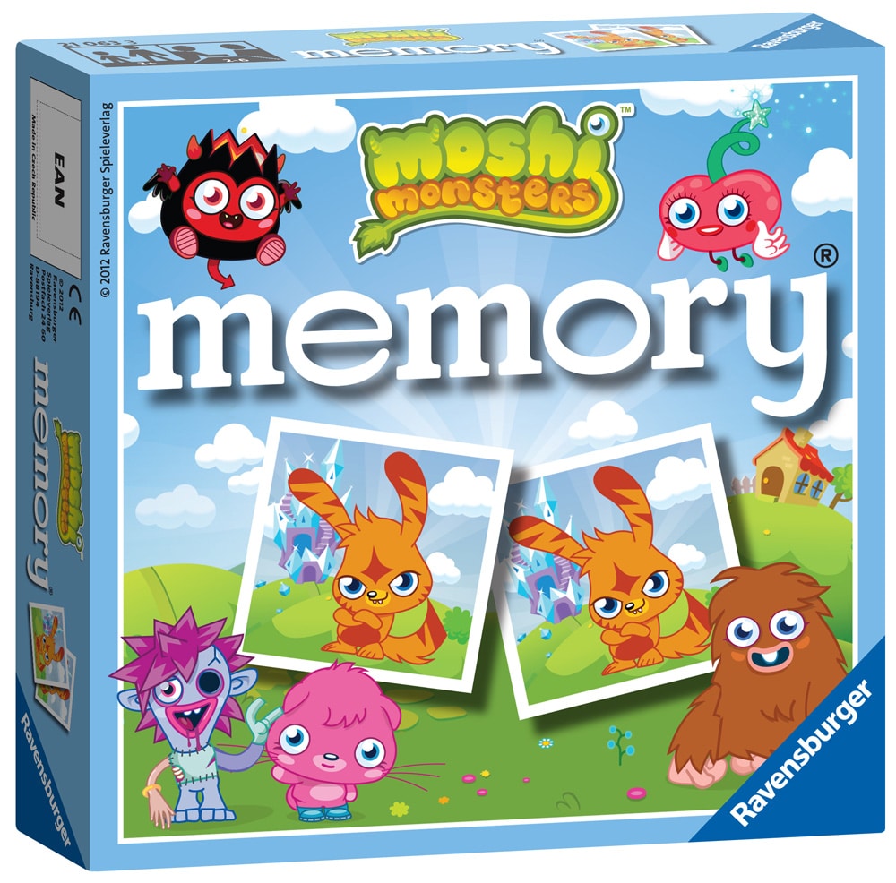The image shows a colourful box for the "Moshi Monsters Memory" game by Ravensburger. The cover features cartoon monster characters on a grassy field with castles, cards with matching bunnies, and the Moshi Monsters logo at the top.