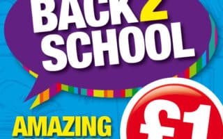 A colourful graphic features a purple speech bubble with “BACK 2 SCHOOL” in bold white and yellow letters. Below, “AMAZING VALUE!” is written in yellow. A red circle displays “£1 EACH” in white text. The background is light blue with faint school-related illustrations.