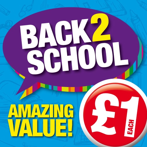 A colourful graphic features a purple speech bubble with “BACK 2 SCHOOL” in bold white and yellow letters. Below, “AMAZING VALUE!” is written in yellow. A red circle displays “£1 EACH” in white text. The background is light blue with faint school-related illustrations.