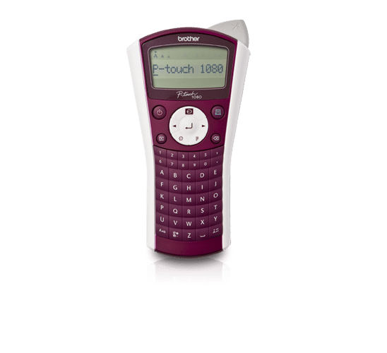 A maroon and white Brother P-touch 1080 handheld label maker stands upright on a white background. The LCD screen displays "P-touch 1080." The device has a full QWERTY keyboard, control buttons, and a visible label emerging from the top.