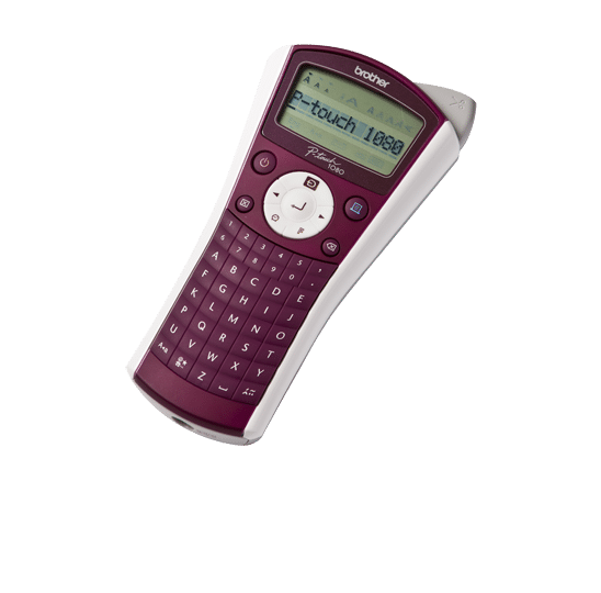 A maroon and white Brother P-touch label maker with a small screen displaying “P-touch 1000.” The device has a QWERTY keyboard, navigation buttons, and a tape exit at the top, all set against a plain white background.