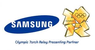 The image shows the Samsung logo on the left and the yellow London 2012 Olympic torch relay emblem with the Olympic rings on the right. Below, blue text reads: "Olympic Torch Relay Presenting Partner.