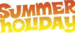 The image shows the words “SUMMER HOLIDAY” in bold, playful letters with a yellow-to-orange gradient. The letter “O” in “HOLIDAY” contains a white sunburst shape, emphasising a bright, cheerful summer theme.