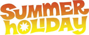 The image shows the words “SUMMER HOLIDAY” in bold, playful letters with a yellow-to-orange gradient. The letter “O” in “HOLIDAY” contains a white sunburst shape, emphasising a bright, cheerful summer theme.