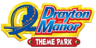 Drayton Manor Theme Park logo features bold blue and red text with a yellow outline. To the left, a stylised blue roller coaster loops over a silhouette of trees, all on a yellow background. “Theme Park” is written on a red plaque at the bottom.