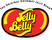 A red jelly bean logo with a yellow outline features the words "Jelly Belly" in bold yellow script. The phrase "The Original Gourmet Jelly Bean" curves around the top in black, all-uppercase letters.
