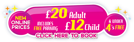 Bright pink and purple banner with sparkles. Text: “New online prices. £20 Adult, £12 Child, includes free parking, under 4s free. Click here to book.” Yellow, white, and pink font on glossy background.