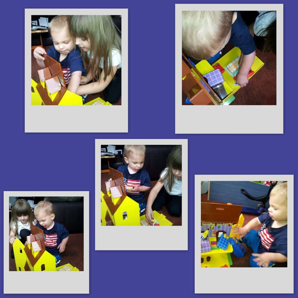 A collage of five photos shows two young children, a girl and a boy, playing together with a yellow toy house. They interact closely, exploring the toy's features. The background is a solid blue with a Polaroid-style border around each photo.