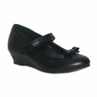 A single black Mary Jane shoe with a low wedge heel, a rounded toe, and a thin strap across the top secured by a small bow. The shoe has a smooth finish and is designed for formal or school wear.