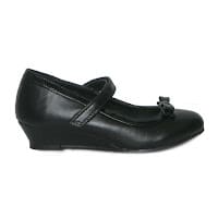 A black leather Mary Jane shoe with a low wedge heel, a rounded toe, a strap across the instep, and a small decorative bow on the toe. The shoe is viewed from the side against a plain white background.