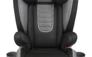 A grey and black booster car seat with red accents, labelled "Diono" at the top. It features cushioned side wings, a high back, cup holders on both sides, and a contoured seat with a mesh-like fabric pattern and "Monterey 2" text on the lower front.