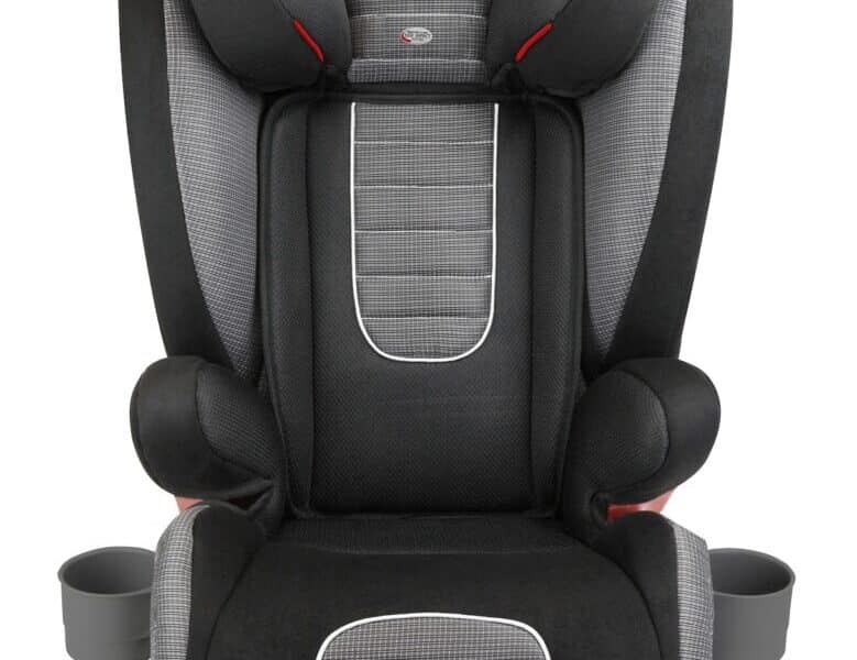 A grey and black booster car seat with red accents, labelled "Diono" at the top. It features cushioned side wings, a high back, cup holders on both sides, and a contoured seat with a mesh-like fabric pattern and "Monterey 2" text on the lower front.