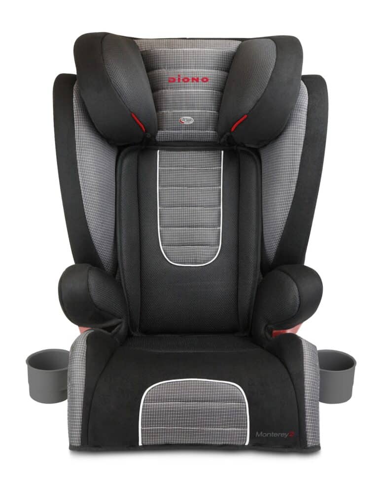 A black and grey child car booster seat with high back and side supports, two built-in cup holders on each side, and the brand name "Diono" in red letters on the headrest. The seat has a padded, textured fabric with white stitching.