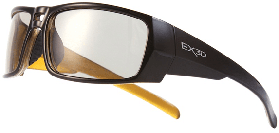 A pair of black 3D glasses with the label "EX3D" on the arm. The lenses are slightly tinted, and the inner side of the arms is yellow. The glasses have a modern, angular design and are shown against a white background.