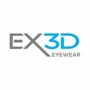 Logo for EX3D Eyewear. The letters "EX" are in grey, "3D" is in bright blue, both in modern, bold font. "EYEWEAR" is in small grey text below "3D." The design is clean and minimalist with a white background.