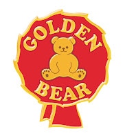 A red rosette badge with a yellow border features a cartoon golden bear sitting in the centre. The words "GOLDEN BEAR" are written in yellow, arched above and below the bear.