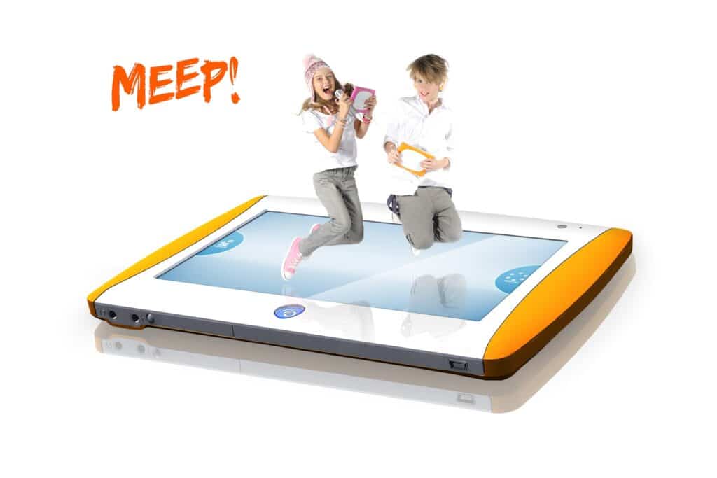 Two children, a girl and a boy, appear to be joyfully jumping on top of a giant tablet device with orange edges. The girl holds a pink case, the boy a white console. The word "MEEP!" is written in orange above them on a white background.