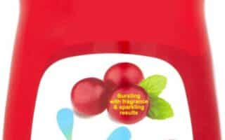 A red bottle of Persil limited edition washing-up liquid called "Warm Spice." The label features cranberries, mint leaves, snowflake graphics, and text reading "Bursting with fragrance, powerful results." The bottle has a clear flip-top cap.
