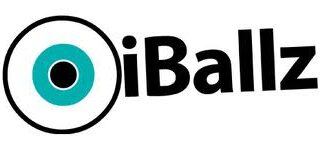 The image features the word "iBallz" in bold black letters. The "i" is stylised as a teal and black circle with a thick black outline, resembling an eyeball. The rest of the text is in a modern sans-serif font on a white background.