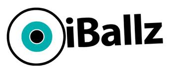 The image features the word "iBallz" in bold black letters. The "i" is stylised as a teal and black circle with a thick black outline, resembling an eyeball. The rest of the text is in a modern sans-serif font on a white background.