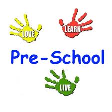 Three colourful painted handprints with the words “LOVE” (yellow), “LEARN” (red), and “LIVE” (green) surround the blue text “Pre-School” in the centre on a white background. The design is playful and welcoming.