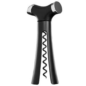 A black corkscrew with a winged design, featuring a T-shaped handle with chrome ends and two curved arms. The metal spiral screw extends downward from the centre, designed for opening wine bottles. The overall style is modern and sleek.