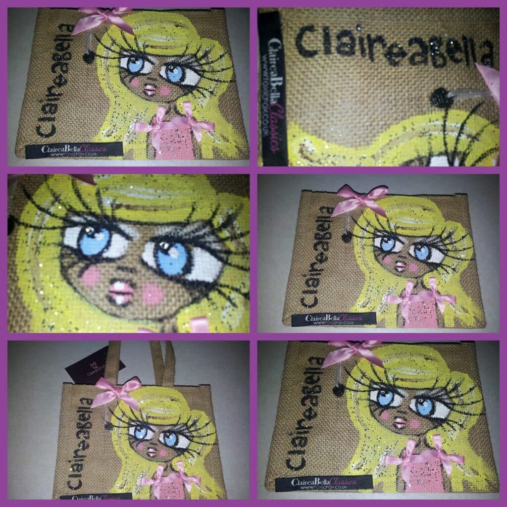 A collage of six photos shows a small canvas tote bag decorated with a cartoon girl with big blue eyes, long lashes, blonde hair, and a pink bow. The name "Claireabella" is printed on the bag, which is tan with sparkly and pink painted details.