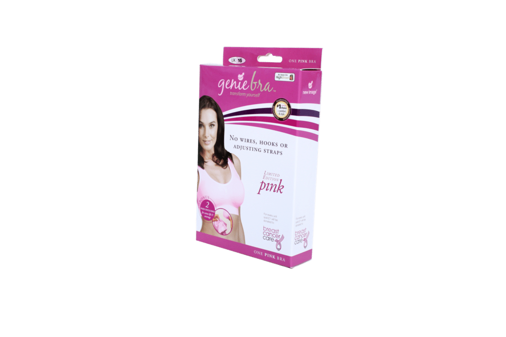 A pink and white box of "genie bra" featuring a woman wearing a pink bra. The front text reads: "No wires, hooks or adjusting straps", "as seen on TV", "2 bras", "breathable comfort". The background is plain white.