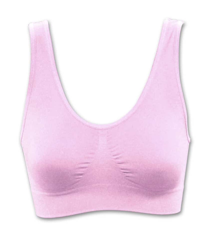 A seamless, light pink sports bra is shown on a white background. It features wide shoulder straps, a scoop neckline, and a ribbed band under the bust for support. The fabric appears smooth and stretchy, with no visible clasps or fastenings.