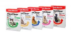 Five boxes of Bob Martin FleaClear pet treatments are displayed in a row. Each box shows a different cat or dog and is labelled for specific animal types and sizes, with coloured arrows indicating product variety for cats, small dogs, medium dogs, and large dogs.