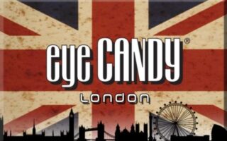 A stylised image with "eye CANDY London" in bold white text over a faded Union Jack flag. The black silhouette of London's skyline, including Big Ben and the London Eye, is at the bottom.