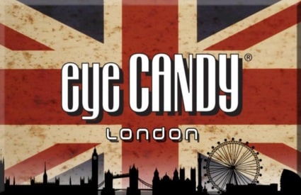 A stylised image with "eye CANDY London" in bold white text over a faded Union Jack flag. The black silhouette of London's skyline, including Big Ben and the London Eye, is at the bottom.