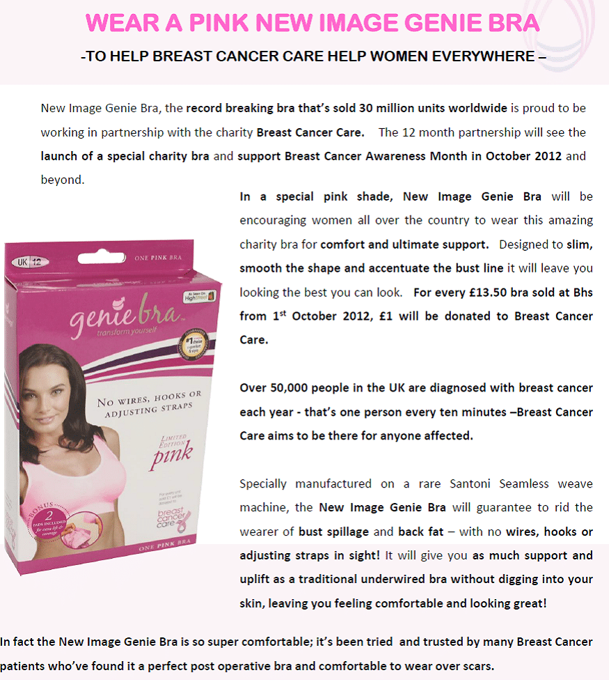A promotional flyer for the Genie Bra’s breast cancer awareness campaign. It features a pink Genie Bra box with a woman modelling the bra, pink-themed text, and details about the special limited edition pink bra sold to support breast cancer charities.
