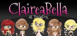 Cartoon-style illustration of five glamorous women with large eyes and stylish hair, wearing dresses and holding accessories. Above them, “ClaireaBella” is written in large pink and white text, with “at ToxicFox” below in smaller script. Black background.