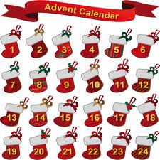 A red banner labelled "Advent Calendar" tops a grid of 24 red Christmas stockings, each decorated with a bow and numbered 1 to 24, representing days leading to Christmas. The stockings are arranged in four rows on a white background.