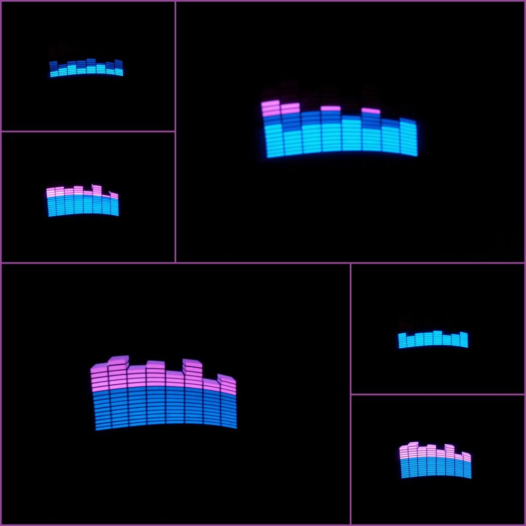 A collage of six images shows graphic equaliser bars in pink and blue on a black background. Each section displays the bars in different arrangements and heights, separated by thin purple lines. The overall feel is digital and abstract.
