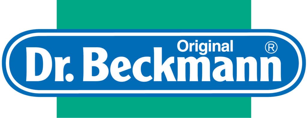 The image shows the Dr Beckmann logo. “Dr Beckmann Original” is written in bold white letters inside a blue oval with a white border. The blue oval is placed on a teal rectangular background. A small registered trade mark symbol appears near “Original”.