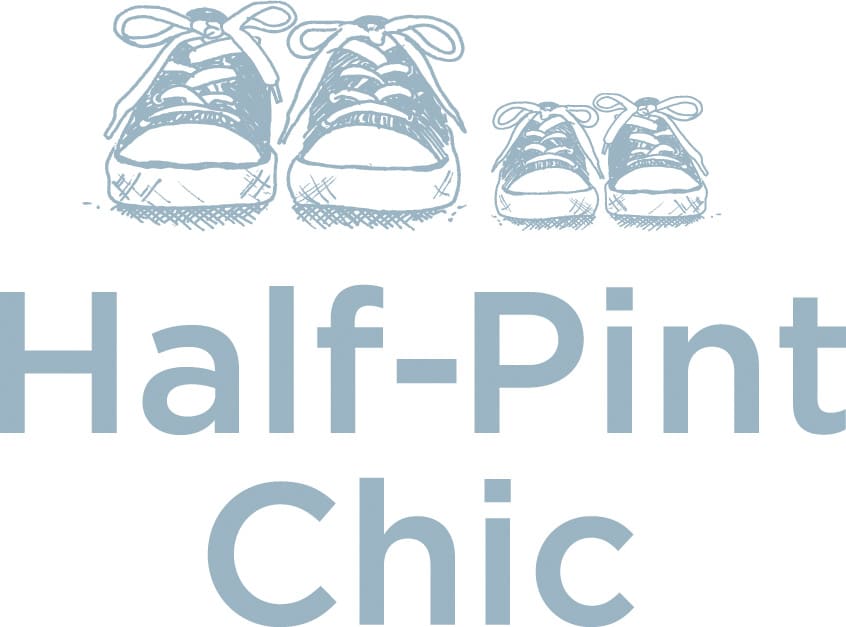Illustration of two pairs of trainers, one large and one small, above the bold text "Half-Pint Chic." The shoes have visible laces and stitching, suggesting a playful and child-focused theme. The entire design uses a light blue colour scheme.