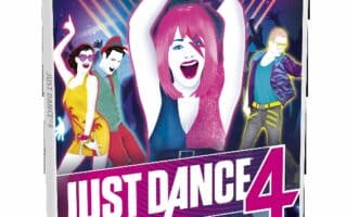The image shows the cover of the Wii game "Just Dance 4." It features colourful, stylised dancers in energetic poses with neon lights and a large pink-and-white title across the centre. The PEGI 3 rating, Ubisoft logo, and Wii branding are also visible.
