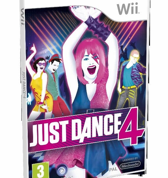 The image shows the cover of the Wii game "Just Dance 4." It features colourful, stylised dancers in energetic poses with neon lights and a large pink-and-white title across the centre. The PEGI 3 rating, Ubisoft logo, and Wii branding are also visible.