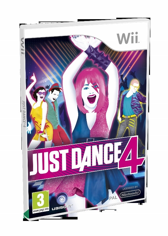 The image shows the cover of the Wii game "Just Dance 4." It features colourful, stylised dancers in energetic poses with neon lights and a large pink-and-white title across the centre. The PEGI 3 rating, Ubisoft logo, and Wii branding are also visible.