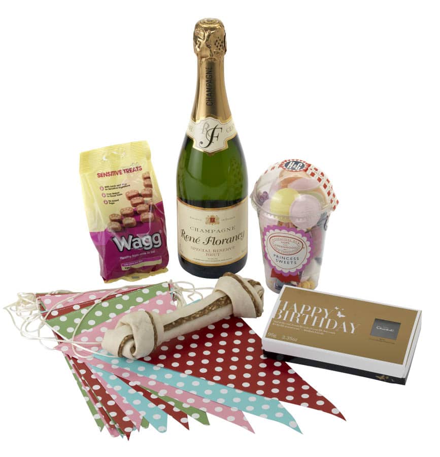 A bottle of champagne, a packet of Wagg Sensitive Treats, a jar of colourful sweets, a bone-shaped dog chew, a "Happy Birthday" box of chocolates, and polka dot bunting in red, green, and blue are arranged together on a white background.