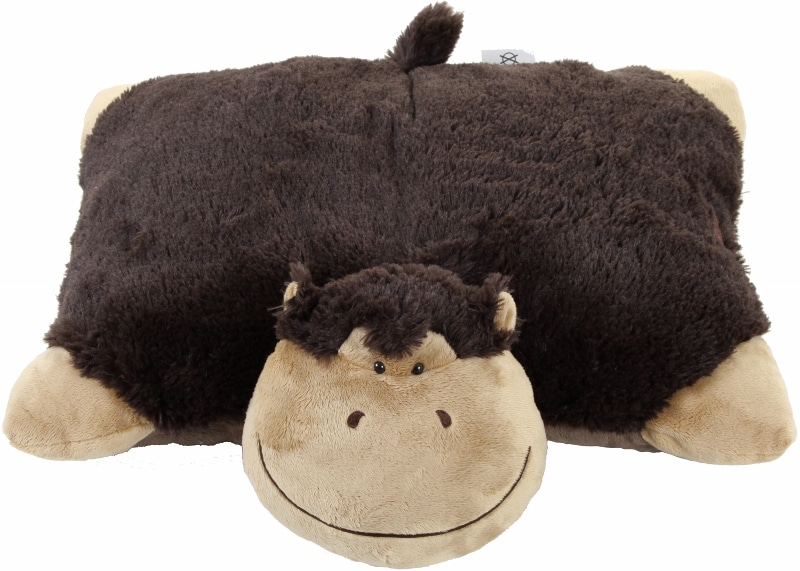 A plush cushion shaped like a cartoon gorilla, with a soft, dark brown furry back and beige face, hands, and feet. The gorilla has a smiling face, small ears, and a short brown tail on top. The cushion appears soft and cuddly.