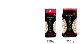 Two black and red bags of Wonderful Pistachios. The left bag is 150 grams, the right bag is 250 grams. The bags show pistachios inside, with “PISTACHIOS” written vertically in green letters on the front. White background.