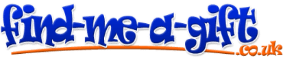 Logo with the words "find-me-a-gift" in playful, blue graffiti-style letters. Below the text is an orange curved line, and ".co.uk" appears in small orange letters at the lower right. The background is light grey.